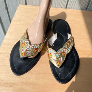 Vintage Indian Leather Sandals – Hand-Painted Gold Enamel – Size 7